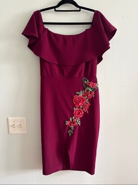 Premier Burgundy Off shoulder Sheath Dress with Red Floral Appliqué 12